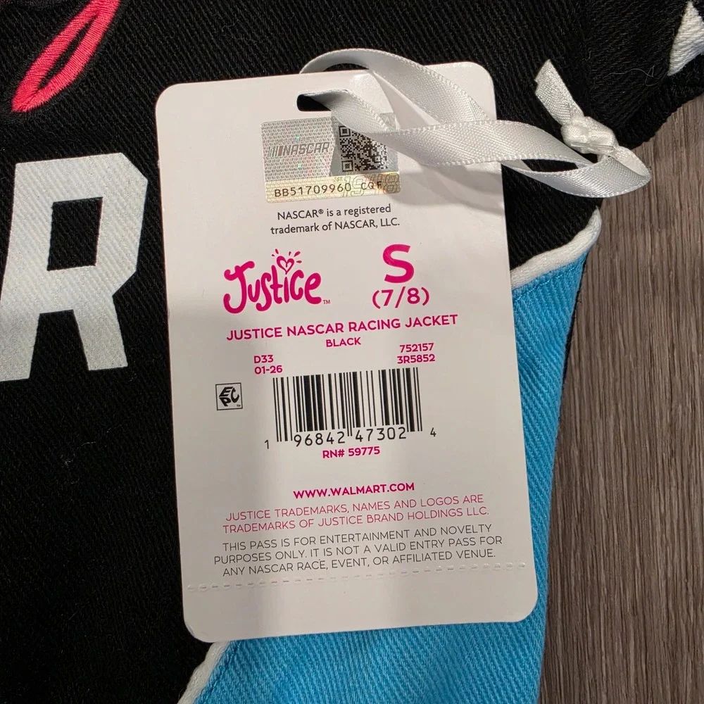 Justice x NASCAR Girls Racing Jacket Black Blue Snap Front Bomber Size S 7-8 NEW